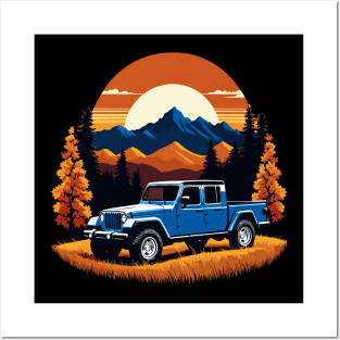 Jeep Gladiator Fall Mountain Scene With Retro Sunset Posters and Art